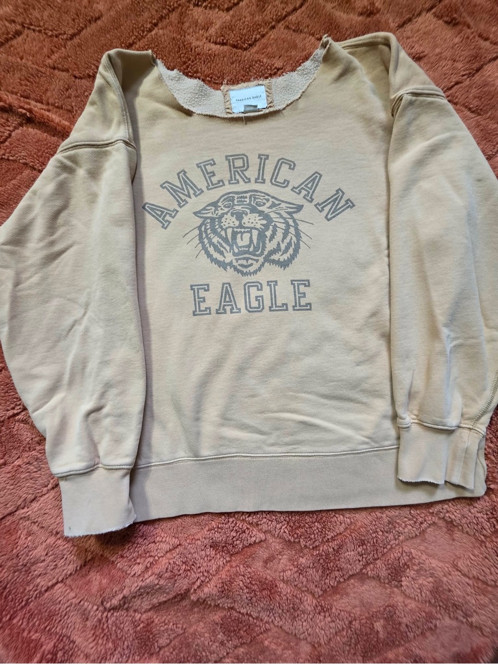 American Eagle Outfitters Beige Crewneck Sweatshirt with Gray Logo
